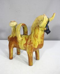 Vintage Handcrafted Ceramic Bull Vessel  Rustic Folk Art (11H X 10L)