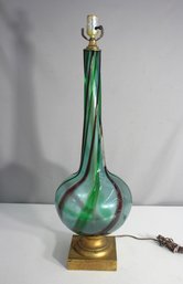Vintage Murano Style Green And Brown Swirled Glass Table Lamp With Brass Base