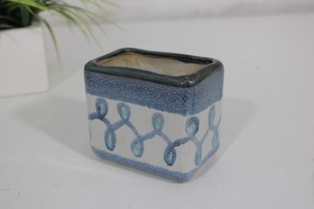 Vintage Studio Pottery Planter / Vase  Blue Geometric Pattern  Signed  4' Ceramic