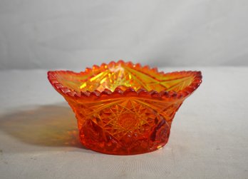 Amberina Red Orange Cut Glass Hobstar Pattern 6' Bowl Sawtooth Edge Vintage