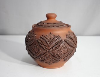 Handcrafted Lviv Ceramic Lidded Pot With Intricate Cut-Out Design