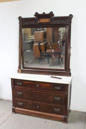 Antique Dresser With Marble Top And Ornate Mirror-victorian