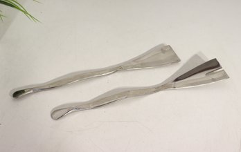 Pair Of 13.5' Modernist Stainless Steel Sculptural Salad Serving Set., Heavy Duty & Stylish