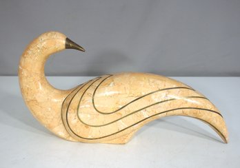 Large Vintage Marble & Brass Inlay Bird Sculpture  Handmade In The Philippines (8.5'H X 16'L)
