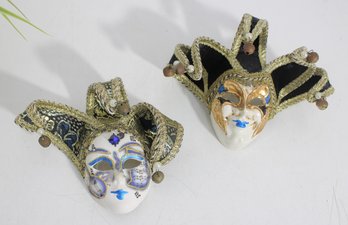 Pair Venetian Style Jester Wall Masks  Hand Painted Ceramic W/ Fabric & Bells  Italy