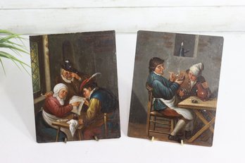 Pair Of Antique-Style Genre Paintings On Metal  Tavern Interior Scenes  8.5 X 6.5 Each