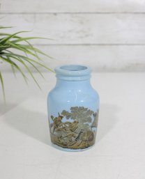 Antique English Prattware Blue Stoneware Potted Meat Jar W/ Hunting Scene Relief  4'