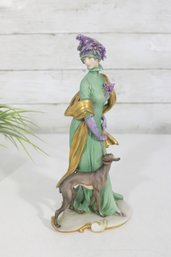 Giuseppe Capp Capodimonte Porcelain Figure (1959) Lady W/ Piccolo Levriero Dog  10'H Signed
