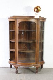 Antique Curved Glass Curio Cabinet With Wooden Shelves - Missing The Side Glass