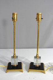Pair Of Elegant Vintage Brass And Crystal Accent Table Lamps