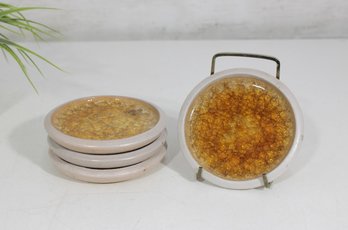 Vintage Mid-Century Amber Resin Coaster Set  4 Round Stoneware Coasters 4.5'