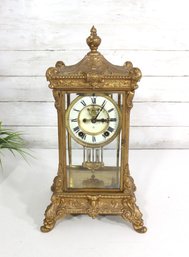 Ornate Gilt Metal & Glass Mantel Clock  Roman Numeral Dial  Untested  16.5 H