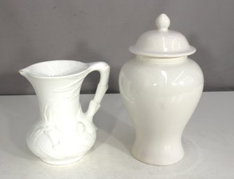 Vintage Italian White Ceramic Pitcher & Lidded Vase Set  Elegant Decor (Pitcher: 7.5'H, Vase: 11'H)