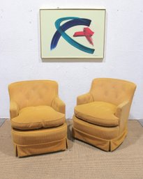 Pair Of Vintage Mustard Yellow Tufted Barrel Back Club Chairs  31'H X 27'W X 22'D