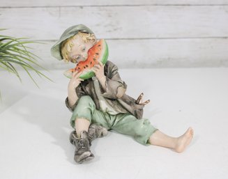 Vintage Capodimonte Porcelain Figurine  Boy Eating Watermelon  Hand Painted  7'H Signed