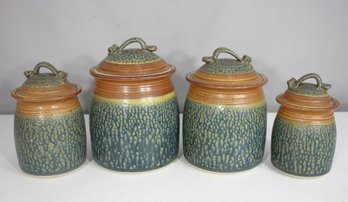 Royce Yoder Art Pottery 4-Piece Green & Tan Ash-Glazed Canister Set