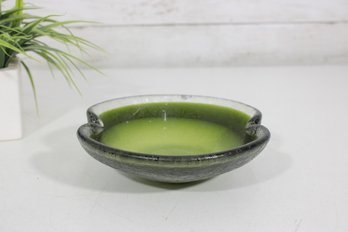 Vintage Green Art Glass Bowl W/ Dual Spouts  Textured Mid-Century Style 7'