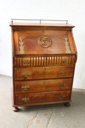 Antique Secretary Desk With Carved Detail And Brass Accents