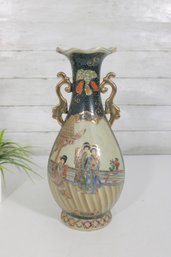 Large Royal Satsuma Hand Painted Vase  Figural Scene W/ Moriage & Gilt Handles  14'H