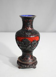 Exquisite Chinese Red Cinnabar Vase With Carved Details And Original Stand