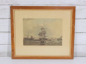 Antique Nautical Print Arrival Of An American Ship At The Port Of Liverpool  Framed Maritime Scene  13.5'
