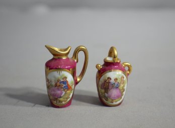 VTG Limoges France Miniature Porcelain Pitchers Burgundy Gold Floral Fragonard-pair