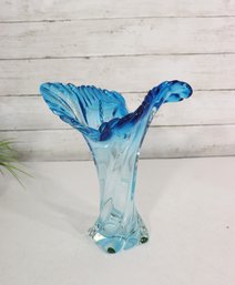 Art Glass Vase  Sculptural Ruffled Rim  Aqua Blue  10' H