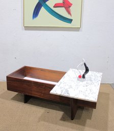 Modern Walnut Coffee Table With Marble Top & Open Storage  17'H X 52'W X 21'D