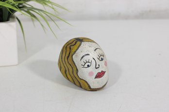 Vintage Folk Art Painted Stone Face Sculpture Signed Trarin 1967  3.5'