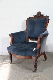 Antique Victorian Blue Velvet Upholstered Armchair With Wooden Detailing