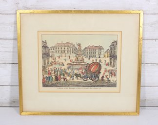 Vintage French Hand-Colored Style Print  Paris Balloon Launch Scene  Framed  14.5' X 16.5'