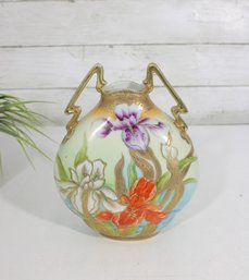 Antique Hand Painted Japanese Vase  Floral Motif W/ Gilt Handles  Marked Japan  8'H