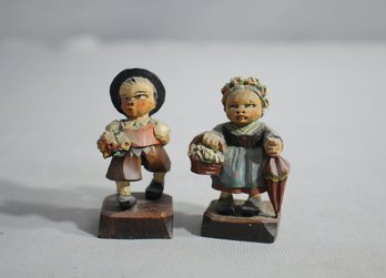 Vintage Carved Wood Old Lady & Boy Walking With Flowers ~ German Woodenware