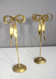 Pair Of  Mexican Gold Metal Ribbon Stands  15.5' Tall, Mid-Century Bow Form