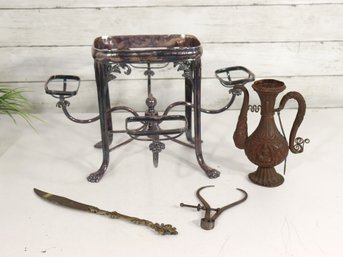 Mixed Decorative Metal Group Lot  Ornate Stand, Ewer, Letter Opener & Tools  Vintage Style