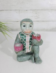 Vintage Hand Painted Ceramic Monkey Candle Holder  Figural Lotus Design  Rare  6.5'H