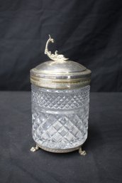 Vintage Cut Glass Biscuit Jar With Silver-Plated Clawfoot Base