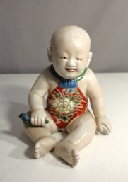 Japanese Large Okimono Seated Boy With A Bird Porcelain Statue