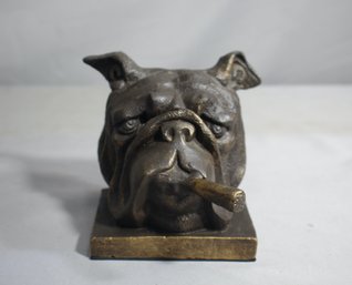 Vintage Cast Iron Metal Bulldog Pooch Smoking Cigar  Sculpture-(1)