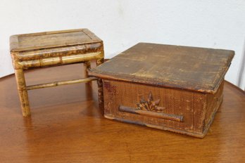 Small Bamboo Stand And Vintage Sewing Box