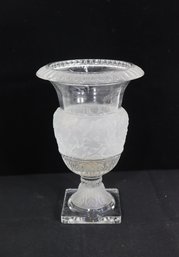 Decorative Cut & Frosted Glass Urn Vase On Square Base  Classical Style  12' H