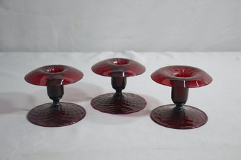 Three Vintage Ruby Red Glass Mushroom/UFO Taper Candlesticks