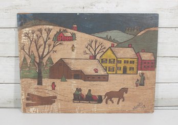 Vintage Folk Art Winter Village Scene Painting On Wood  Signed  Primitive Landscape  12' X 16'