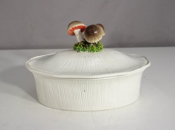 Whimsical Porcelain Covered Dish  6.5' Tall, Textured White Base With Mushroom Finial
