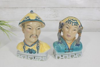 Goldscheider Pair Japanese Porcelain Busts Hand Painted Mid-Century Modern  7' & 7.5'