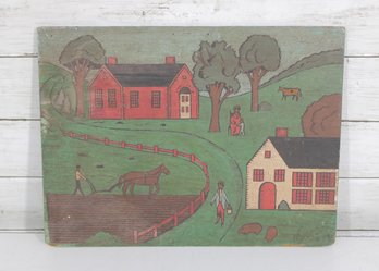 Vintage Folk Art Farm Scene Painting On Wood  Moses 1956  Primitive Country Landscape  12' X 16'