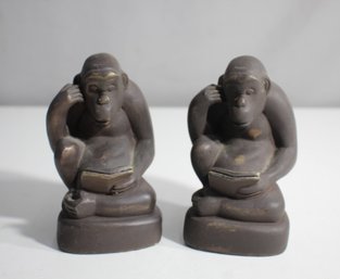 Pair Of Mid-Century Reading Monkey Sculpture Bookends