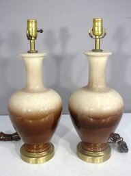 Pair Of 20' Vintage Ceramic Table Lamps  Mocha Brown & Cream Ombre With Brass Base