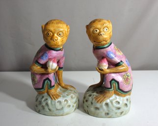Pair Chinese Porcelain Monkey Holding Peach Figurines With Mark