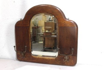 Victorian Antique Beveled Glass Oak Wall Hall Tree Mirror Coat Rack